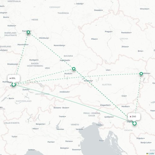 Mapa de vuelo directo Basilea, Suiza - Zagreb