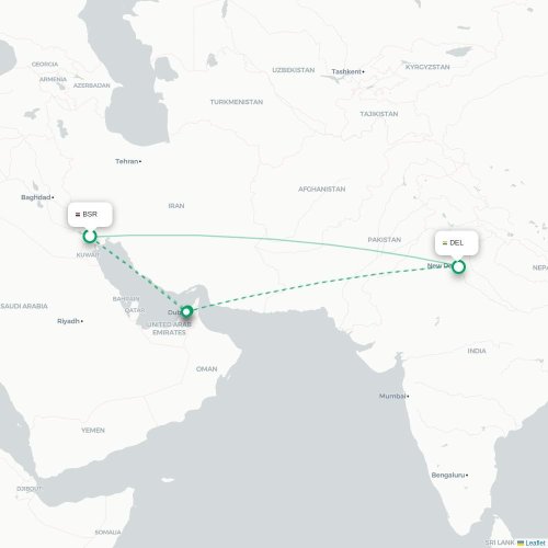 Mapa lotu bezpośredniego Al-Basra – Nowe Deli