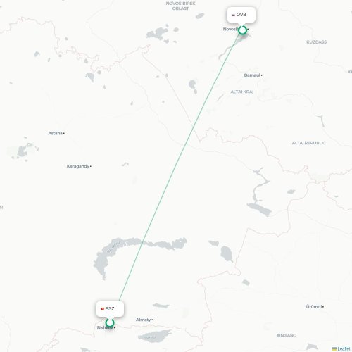 Biškek – Novosibirsk suoran lennon kartta