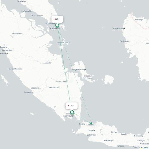 Mapa lotu bezpośredniego Batam – Bandar Lampung