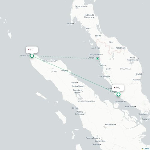 Mapa lotu bezpośredniego Banda Aceh – Kuala Lumpur