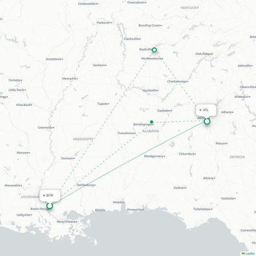 Mapa de vuelo directo Baton Rouge - Atlanta