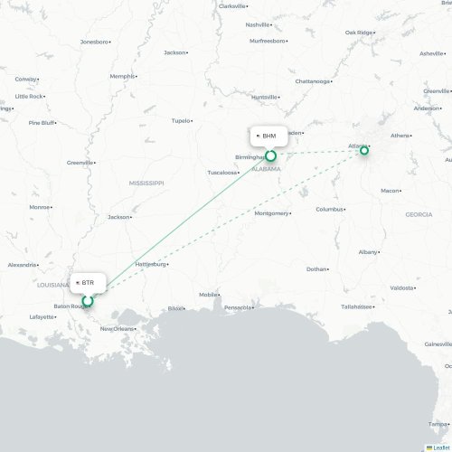 Mapa de vuelo directo Baton Rouge - Birmingham