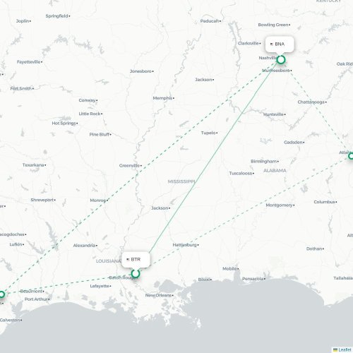 Mapa de vuelo directo Baton Rouge - Nashville