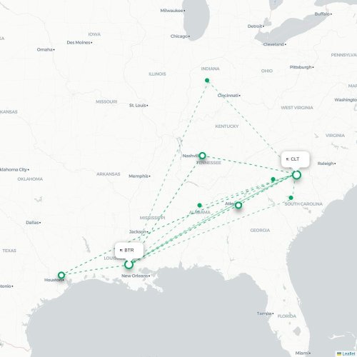 Mapa de vuelo directo Baton Rouge - Charlotte