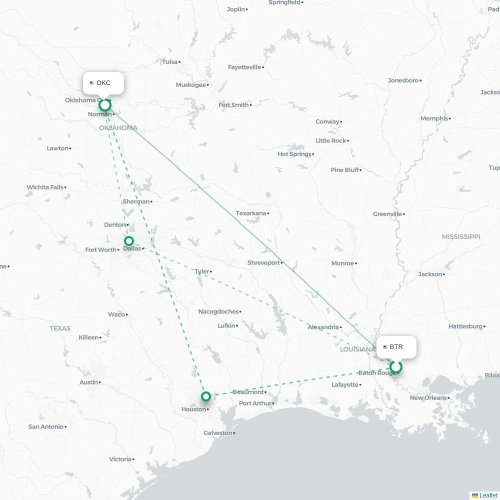 Mapa de vuelo directo Baton Rouge - Oklahoma City