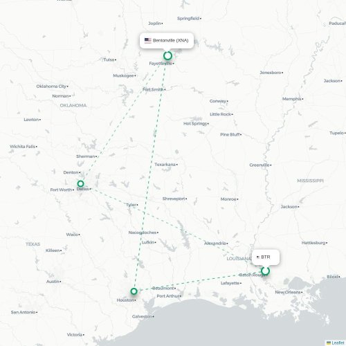 Mapa de vuelo directo Baton Rouge - Fayetteville
