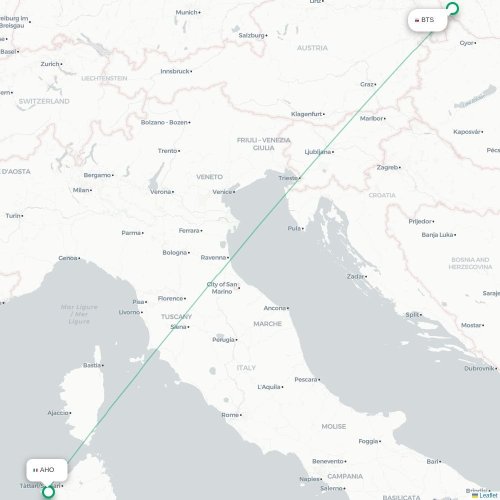 Bratislava - Alghero kort over direkte fly