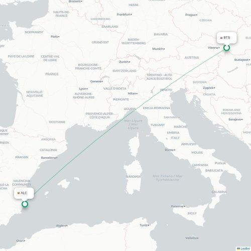 Bratislava – Alicante suoran lennon kartta