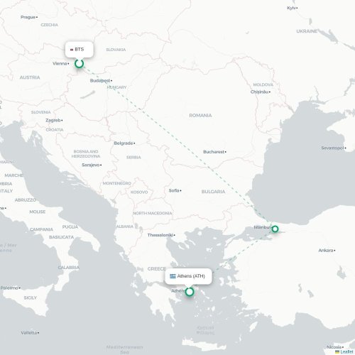Bratislava - Athen kort over direkte fly