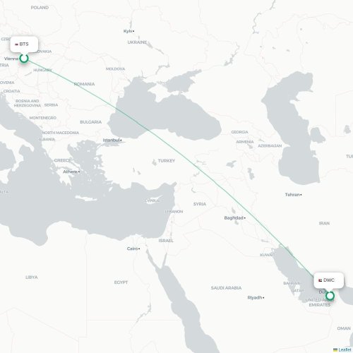 Bratislava - Dubai kort over direkte fly