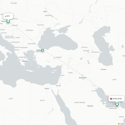 Bratislava - Dubai kort over direkte fly