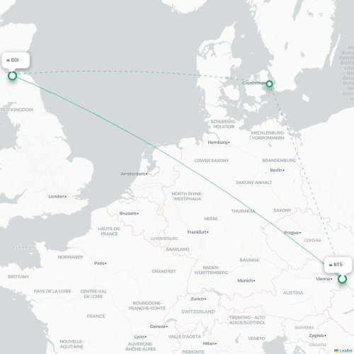 Bratislava - Edinburgh kort over direkte fly