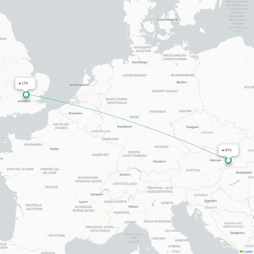 Bratislava - London kort over direkte fly