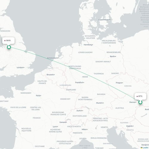 Bratislava - Manchester kort over direkte fly
