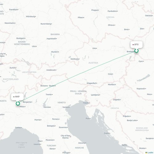 Bratislava - Milano kort over direkte fly