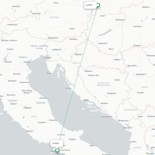 Bratislava - Napoli kort over direkte fly