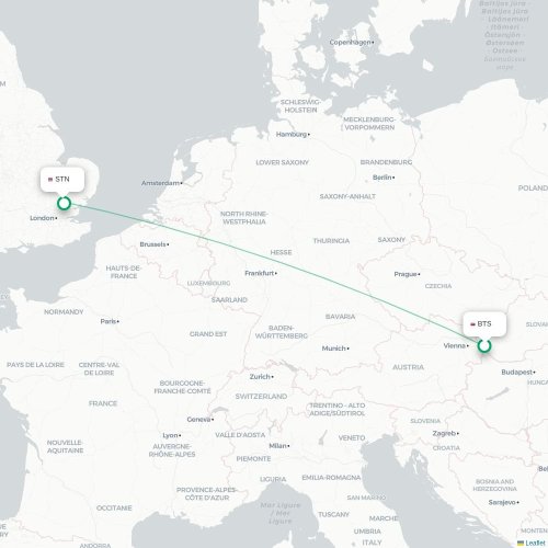 Bratislava - London kort over direkte fly