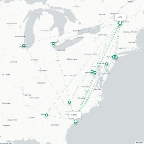 Mapa de vuelo directo Burlington - Charleston