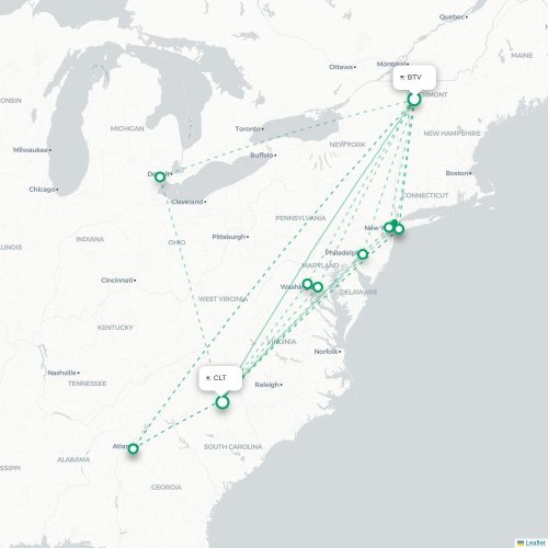 Mapa de vuelo directo Burlington - Charlotte