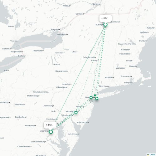 Mapa de vuelo directo Burlington - Washington D. C.