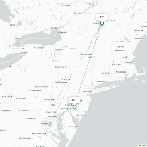 Mapa de vuelo directo Burlington - Filadelfia