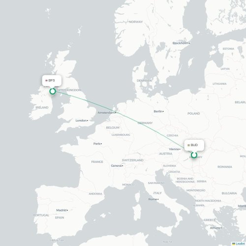 Boedapest - Belfast kaart van rechtstreekse vlucht