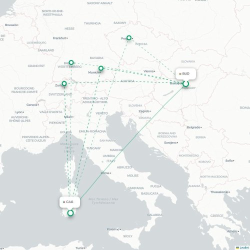 Mapa lotu bezpośredniego Budapeszt – Cagliari