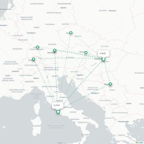 Mapa lotu bezpośredniego Budapeszt – Rzym