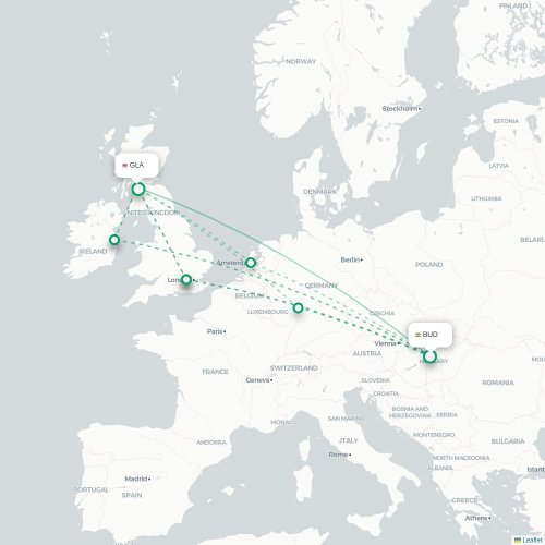 Mapa lotu bezpośredniego Budapeszt – Glasgow
