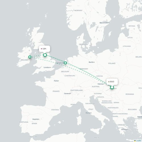 Mapa de vuelo directo Budapest - Leeds, Condado de Yorkshire del Oeste