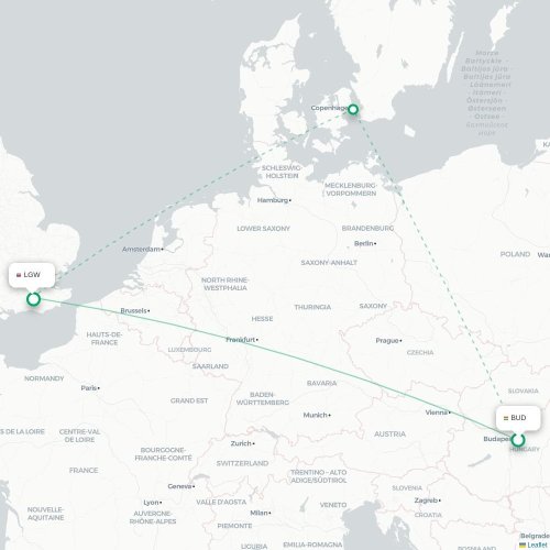 Mapa lotu bezpośredniego Budapeszt – Londyn