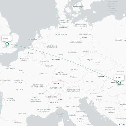 Mapa de vuelo directo Budapest - Londres