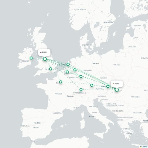 Mapa de vuelo directo Budapest - Mánchester