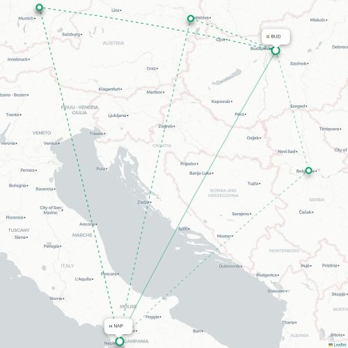 Mapa lotu bezpośredniego Budapeszt – Neapol