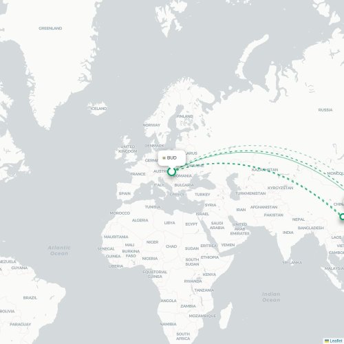Mapa de vuelo directo Budapest - Ningbo