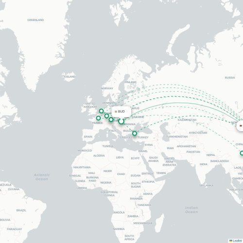 Mapa de vuelo directo Budapest - Pekín