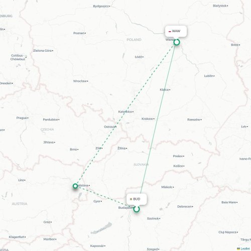 Boedapest - Warschau kaart van rechtstreekse vlucht
