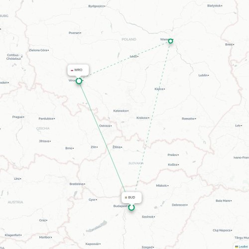 Boedapest - Wrocław kaart van rechtstreekse vlucht