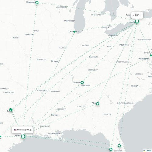 Mapa lotu bezpośredniego Buffalo – Houston