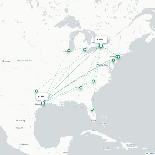 Mapa de vuelo directo Búfalo - Houston