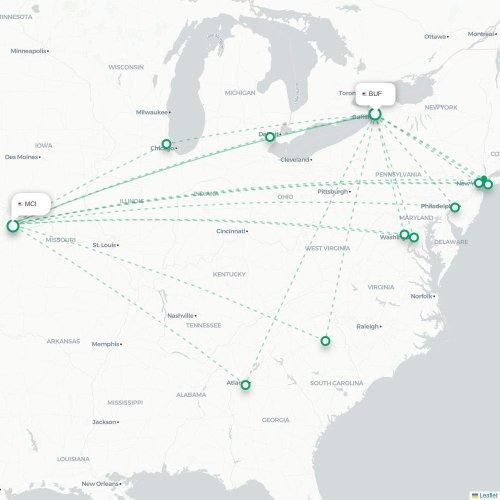 Mapa de vuelo directo Búfalo - Kansas City