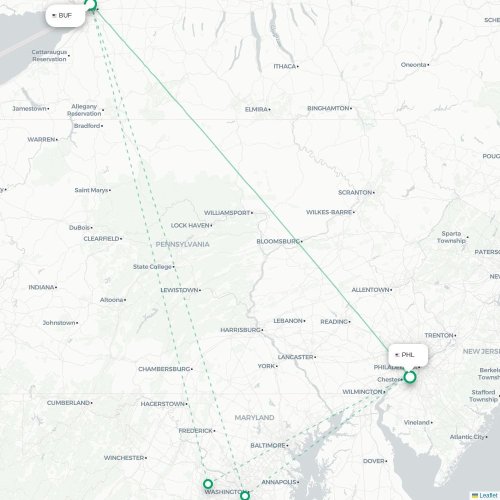Mapa de vuelo directo Búfalo - Filadelfia