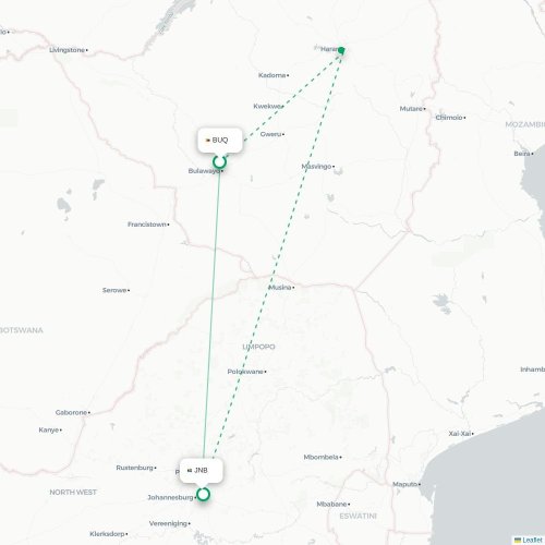 Mapa lotu bezpośredniego Bulawayo – Johannesburg