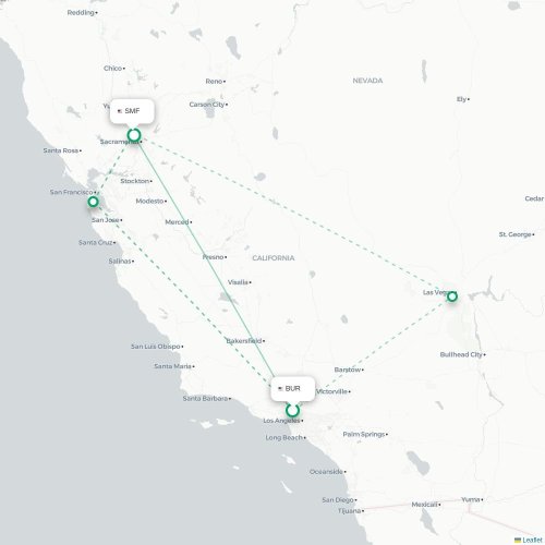 Mapa lotu bezpośredniego Burbank – Sacramento