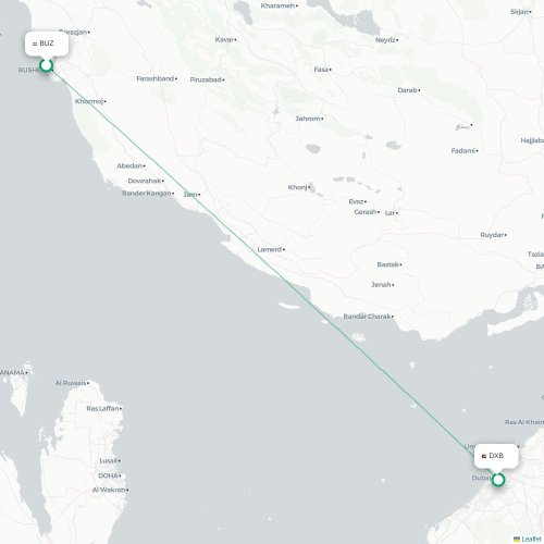 Mapa lotu bezpośredniego Bushehr – Dubaj