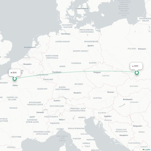 Pariisi – Krakova suoran lennon kartta