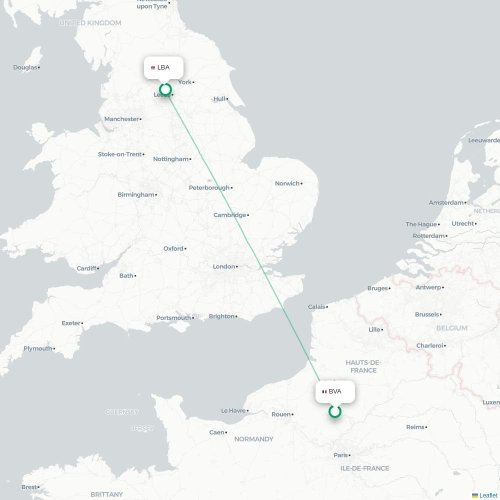 Mapa de vuelo directo París - Leeds, Condado de Yorkshire del Oeste