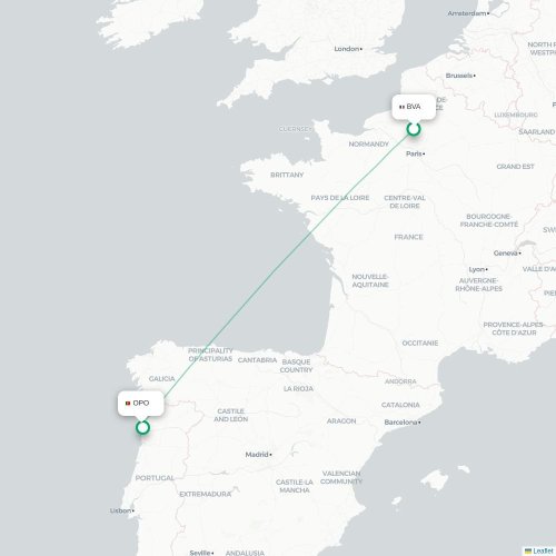 Mapa de vuelo directo París - Oporto