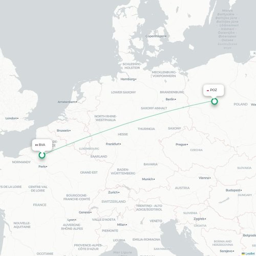 Pariisi – Poznań suoran lennon kartta